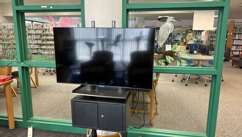 The image shows a television mounted on a stand with a cabinet underneath, situated in a room with large windows. The windows have painted images of birds and plants, giving the area a nature-themed decoration. Behind the TV, through the windows, a library is visible with shelves of books and study tables. The TV stand has cables running from it, connected to a power strip on the floor. The setup appears to be in a communal or public space, possibly within the library.