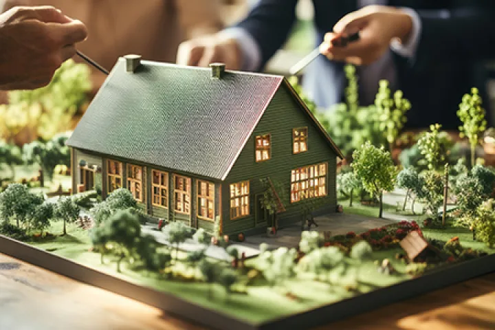 A group of professionals discussing over a model house with detailed landscaping representing architectural planning and teamwork.