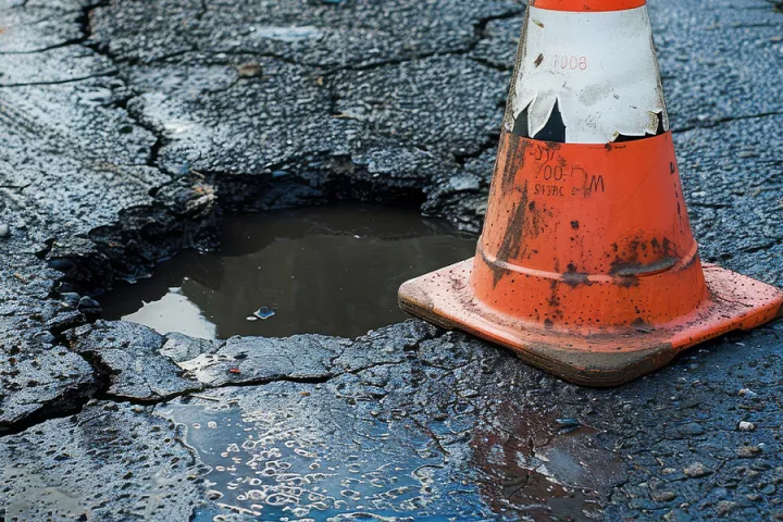 A pot hole with a traffic cone