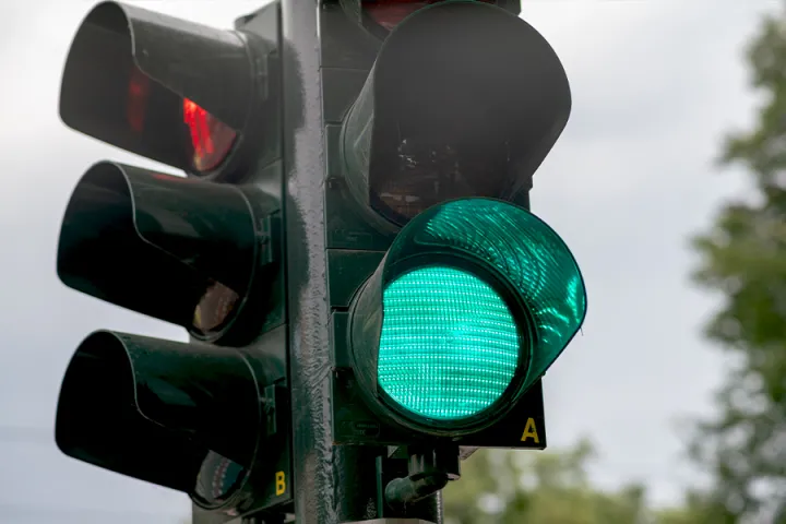 A traffic signal indicating a green light