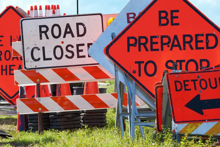 Various types of traffic and construction zone signs