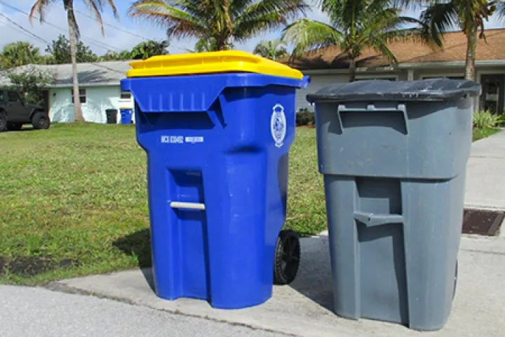 A garbage and recycling can on the curb.