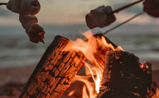 Toasting marshmallows over a beach fire