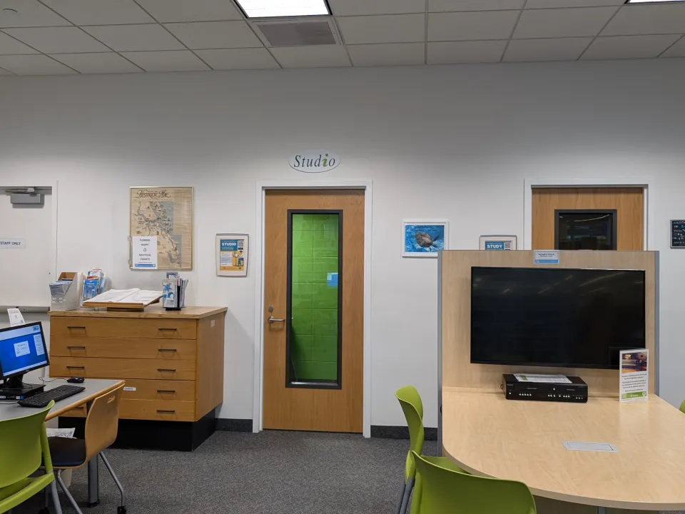 The image shows a library interior with a central door labeled "Studio" above it, featuring a light wood finish and a narrow window revealing a green-walled room inside.