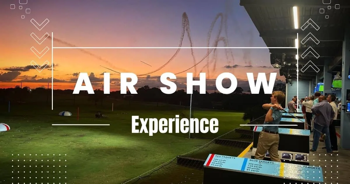 Image of a graphic that reads," Air Show Experience" with an image from the second floor hitting bay at Sailfish Sands Hitting Bays & Restaurant